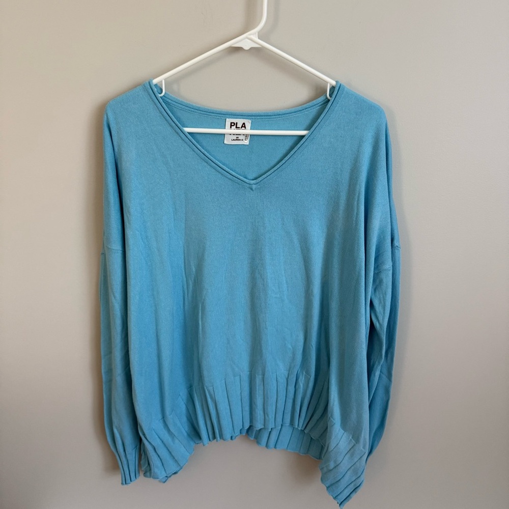 Planet by Lauren G V-Neck Ribbed Asymmetrical Sweater Blue OSFM